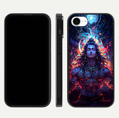 Divine Fire Shiv Glass Case for iPhone 16e dual-view layout displaying HD deity print and curved edges