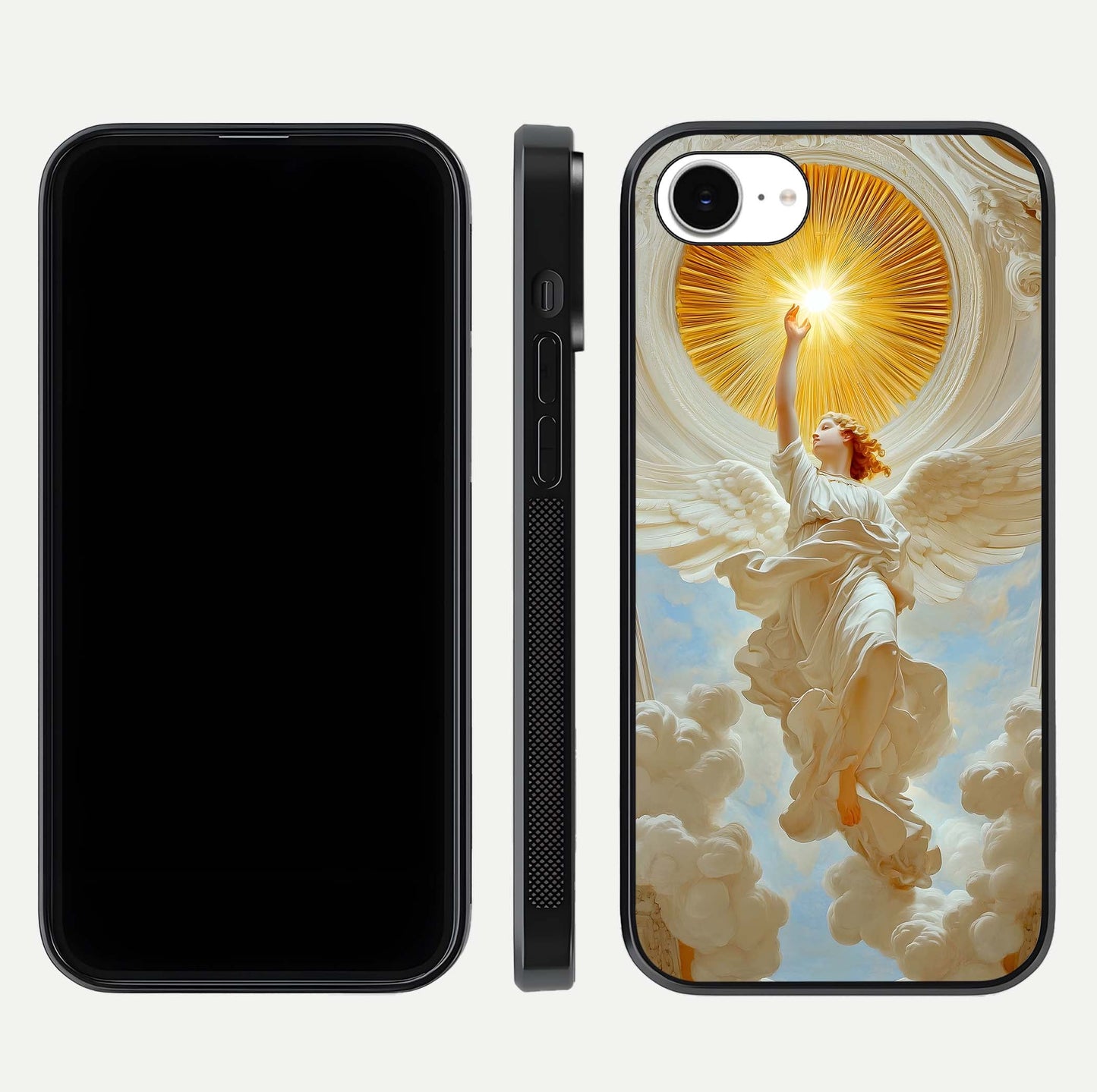 Divine Light Angel Glass Case for iPhone 16e dual-view layout displaying celestial tones and smooth curves