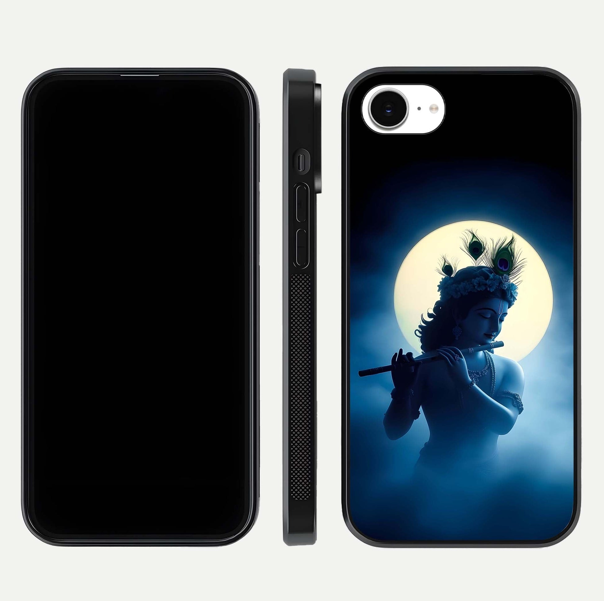 Divine Moon Flute Glass Case for iPhone 16e dual-view layout displaying soft night tones and curved polish