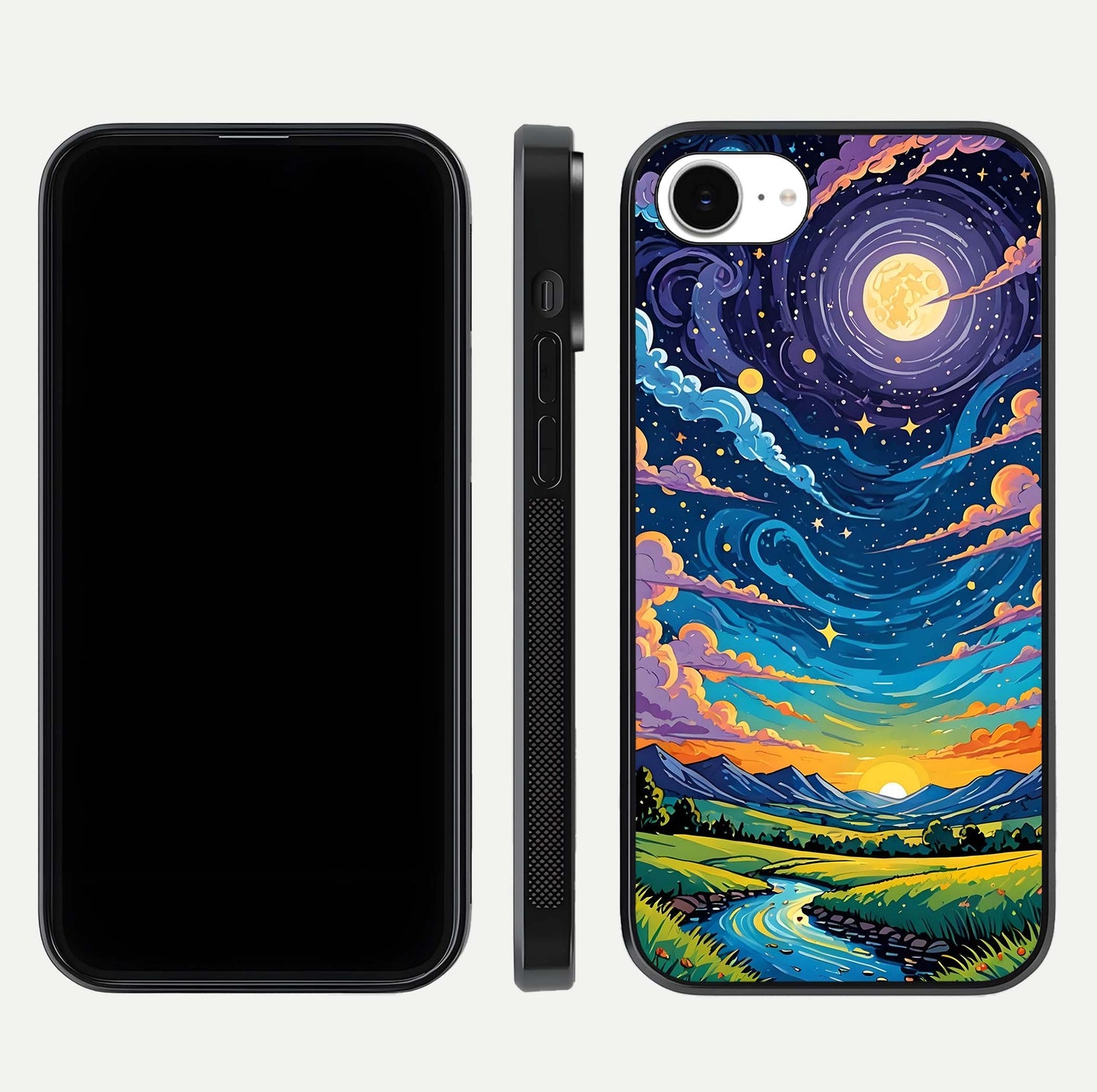 Dreamy Night Landscape Glass Case for iPhone 16e dual-view layout displaying HD print and curved glass edges