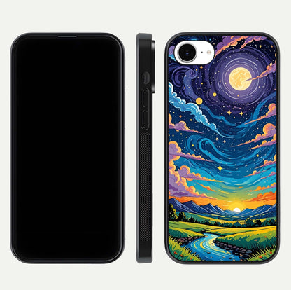Dreamy Night Landscape Glass Case for iPhone 16e dual-view layout displaying HD print and curved glass edges