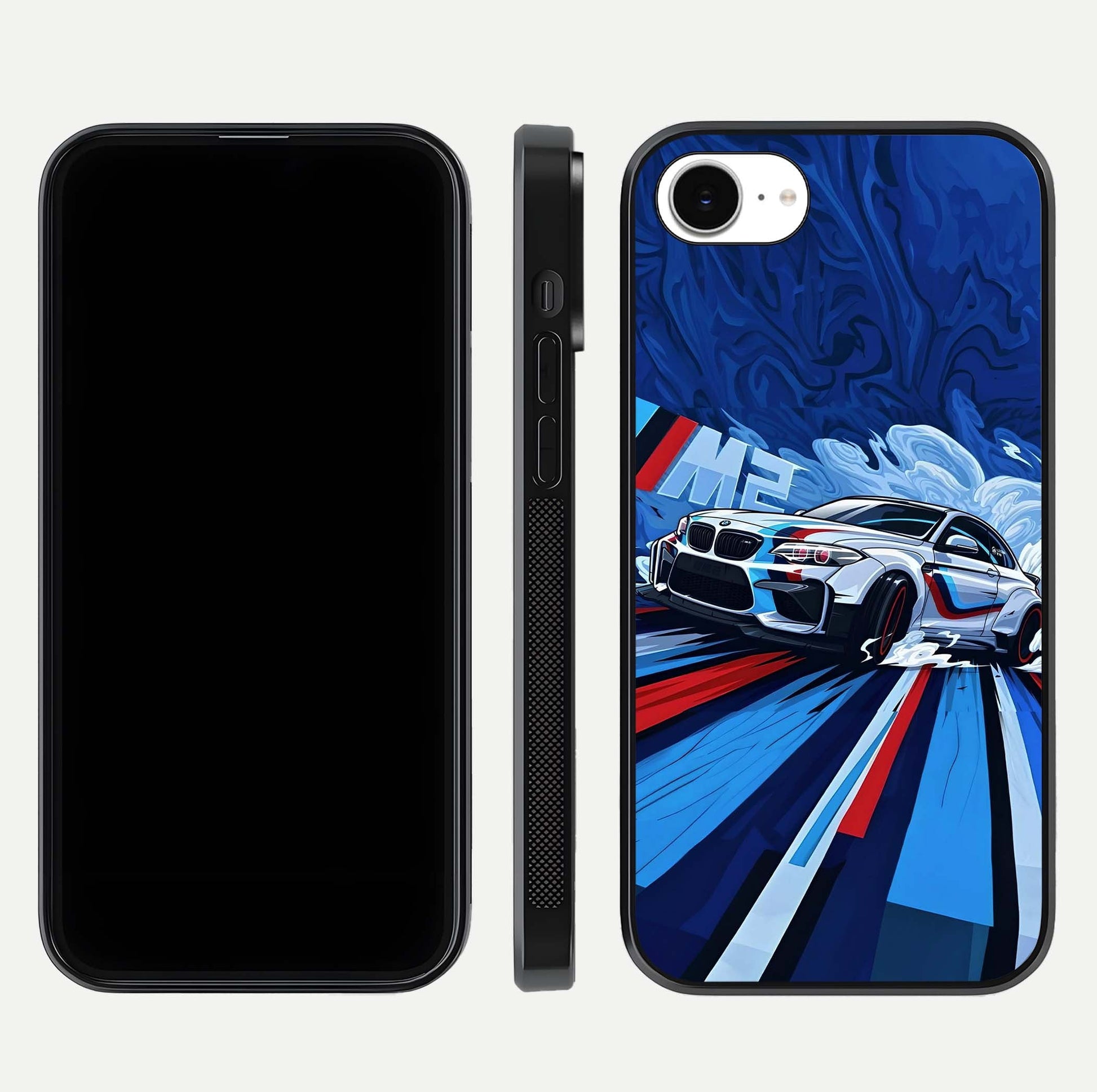 Drift Power Rush Glass Case for iPhone 16e dual-view layout displaying dynamic motion art and HD gloss