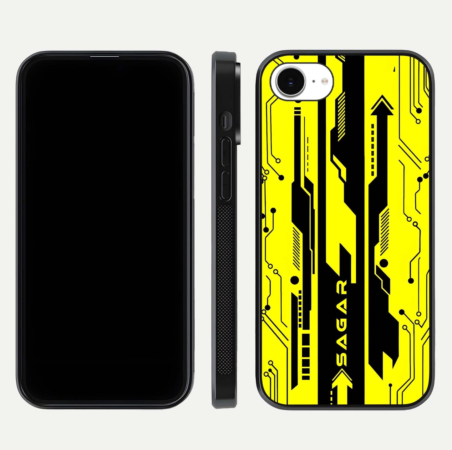 Electric Pulse CYBERPUNK Custom Name Glass Case for iPhone 16e dual-view layout displaying futuristic hues and curved glass edges