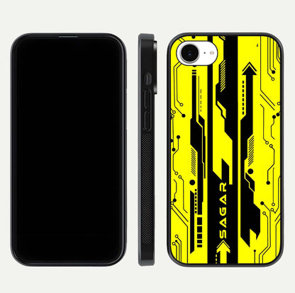 Electric Pulse CYBERPUNK Custom Name Glass Case for iPhone 16e dual-view layout displaying futuristic hues and curved glass edges