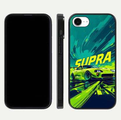 Electric Supra Thunder Glass Case for iPhone 16e dual-view layout displaying dynamic motion art and curved finish