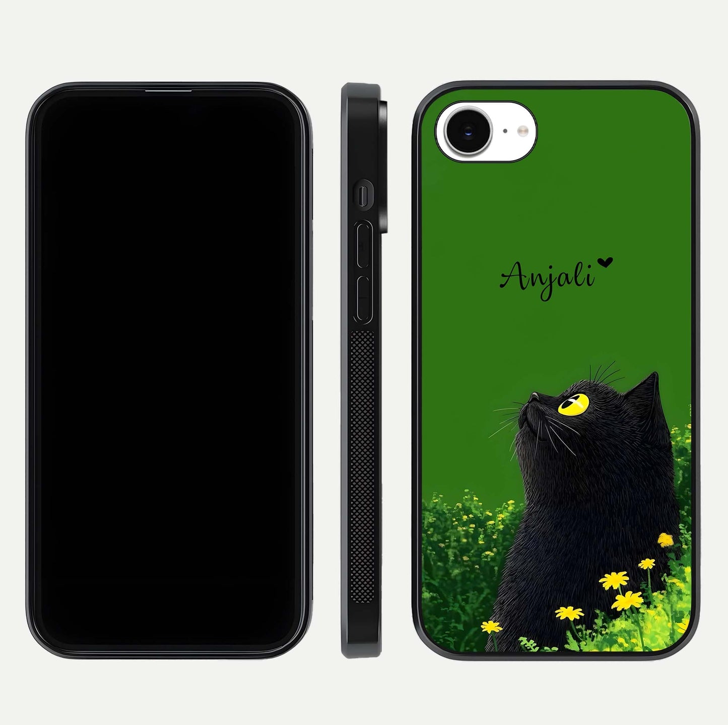 Emerald Cat Custom Name Glass Case for iPhone 16e dual-view layout displaying artistic tones and smooth curves