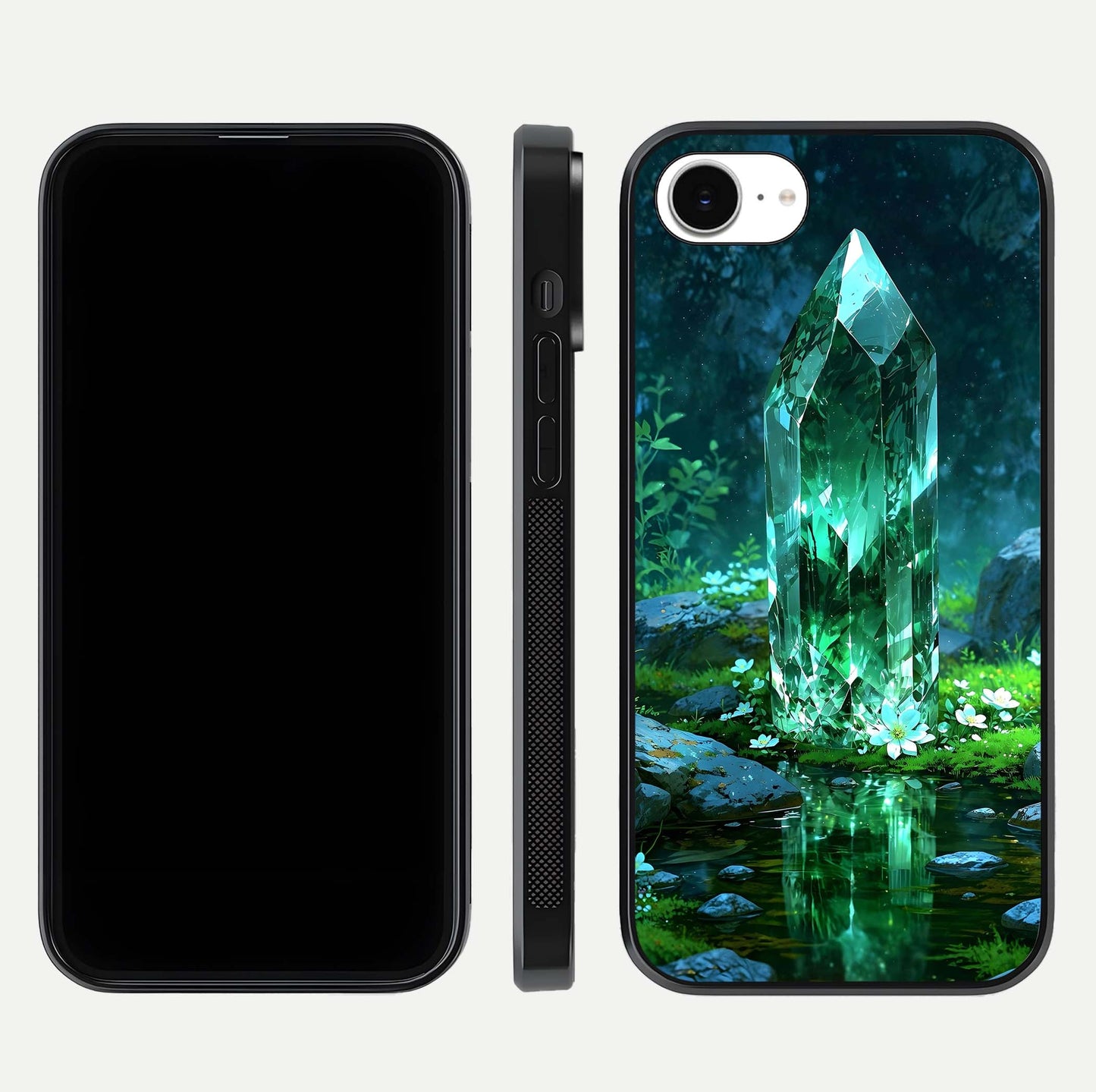 Emerald Light Crystal Glass Case for iPhone 16e dual-view layout displaying gem-like tones and polished edge
