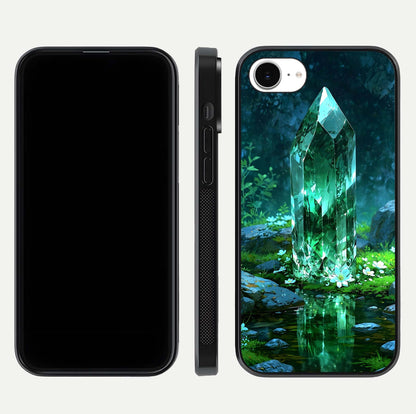 Emerald Light Crystal Glass Case for iPhone 16e dual-view layout displaying gem-like tones and polished edge