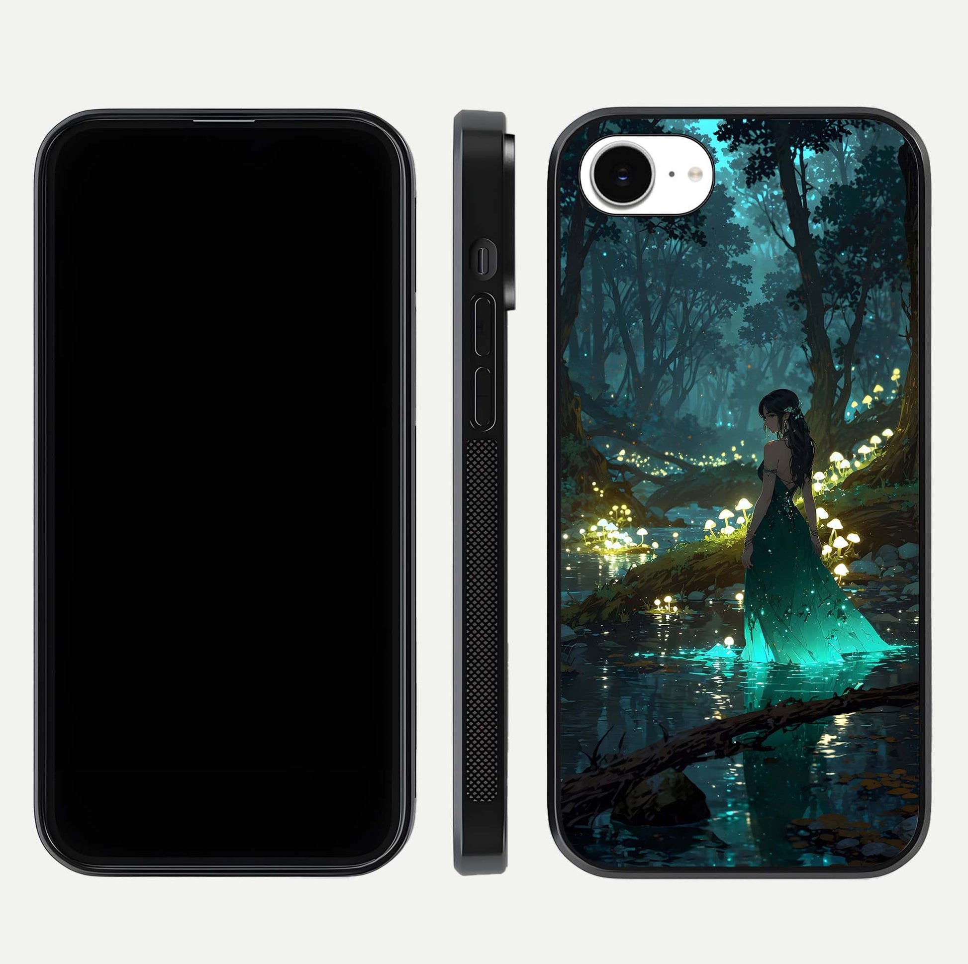Enchanted Forest Glow Glass Case for iPhone 16e dual-view layout displaying green tones and smooth glass