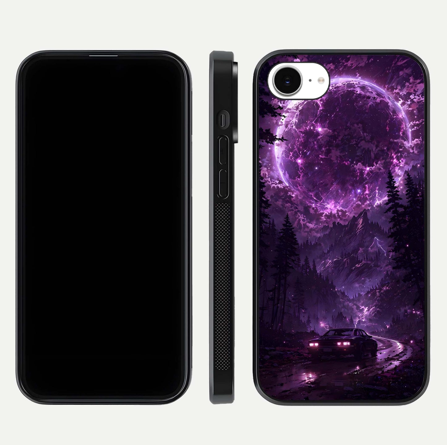 Eternal Cosmic Drive Glass Case for iPhone 16e dual-view layout displaying outer-space tones and curved finish