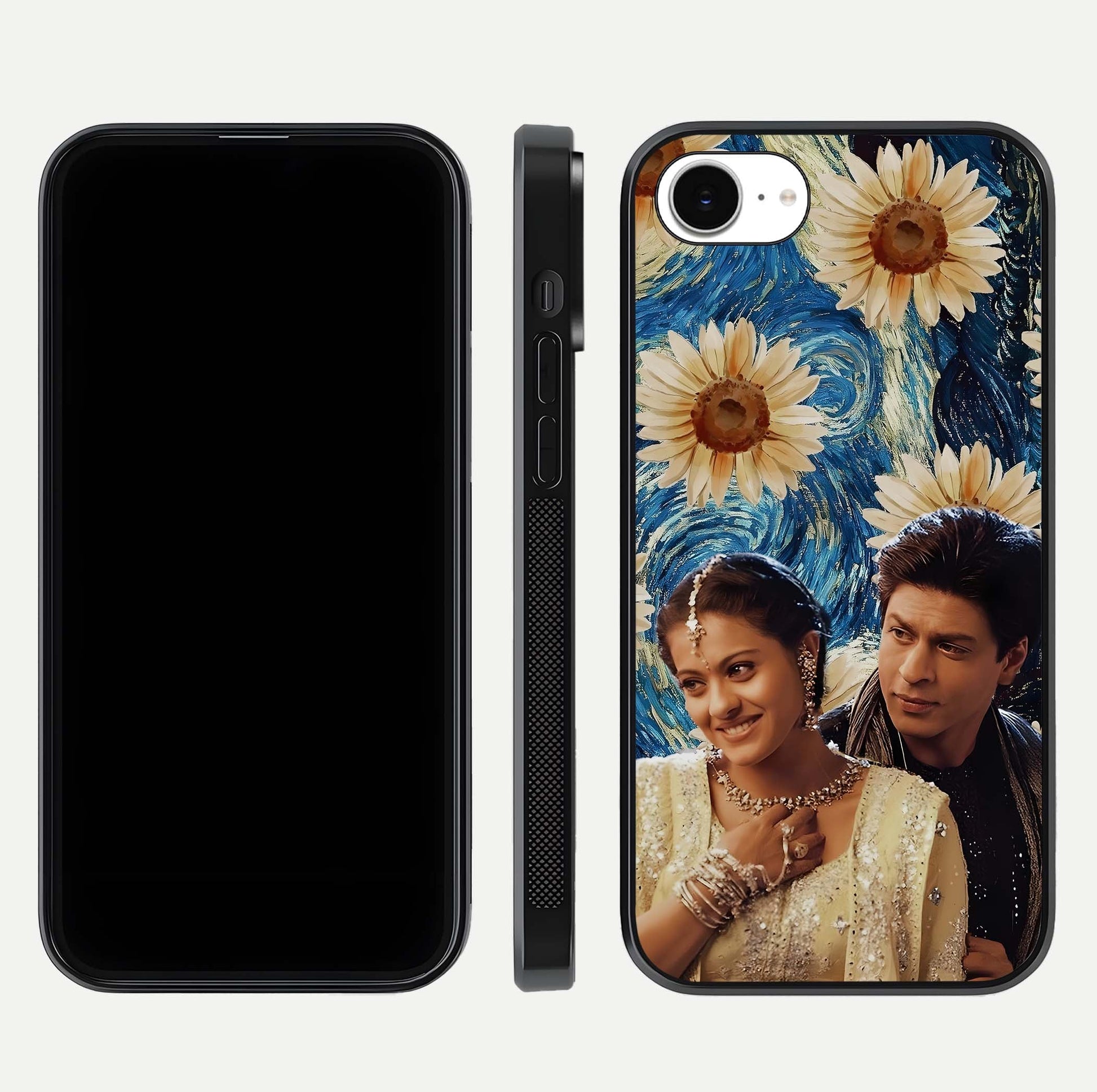 Eternal Love Story Glass Case for iPhone 16e dual-view layout displaying soft hues and smooth glass