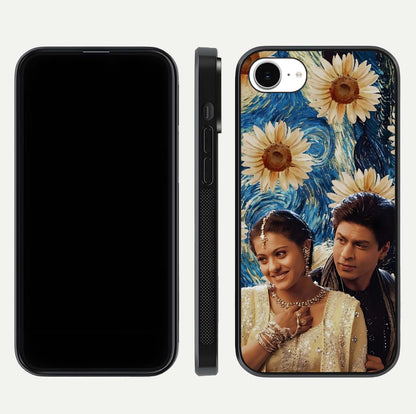 Eternal Love Story Glass Case for iPhone 16e dual-view layout displaying soft hues and smooth glass
