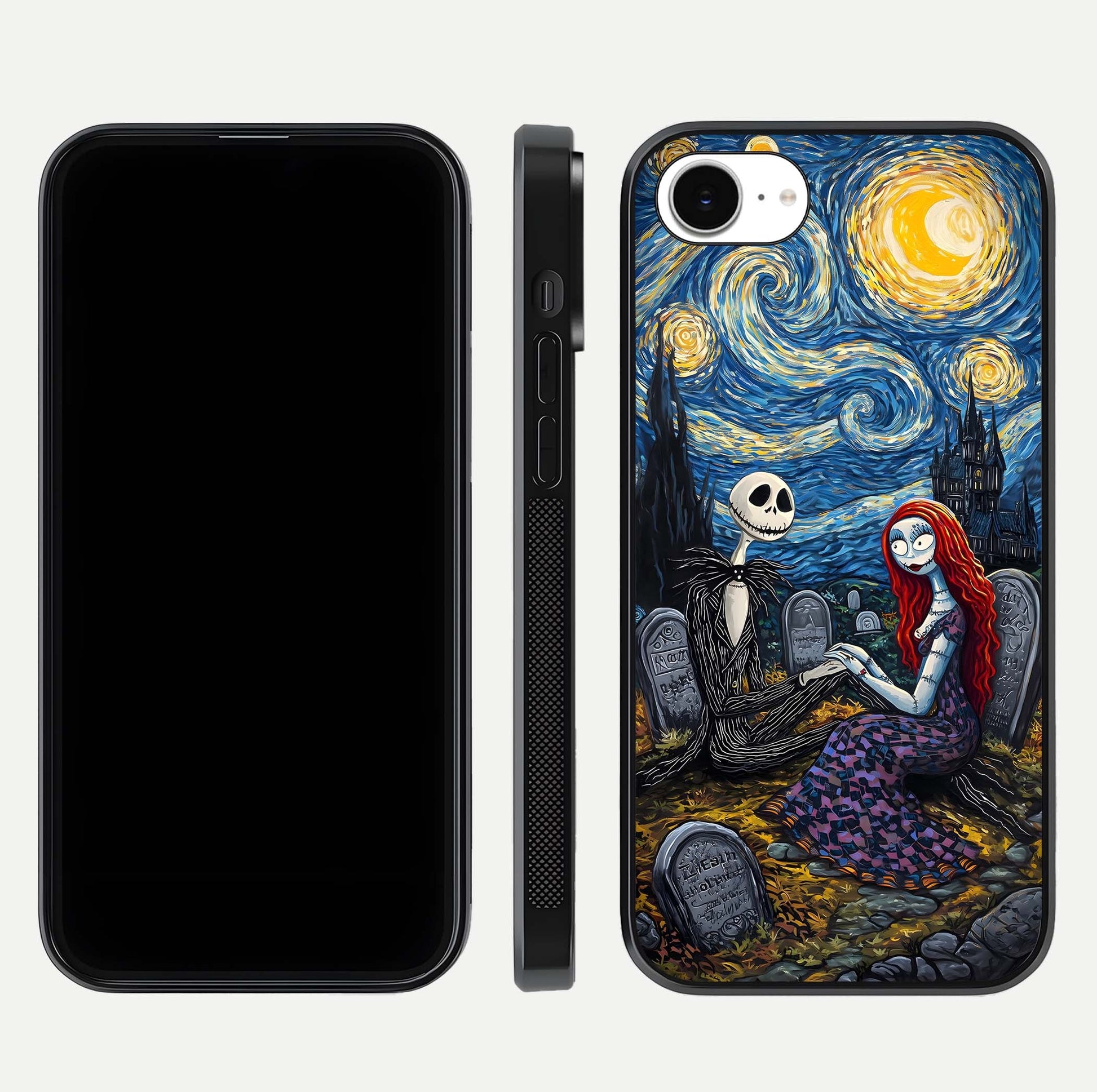 Eternal Night Love Glass Case for iPhone 16e dual-view layout displaying HD art and curved polish