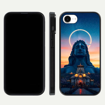 Eternal Shiva Aura Glass Case for iPhone 16e dual-view layout displaying HD deity print and smooth edge