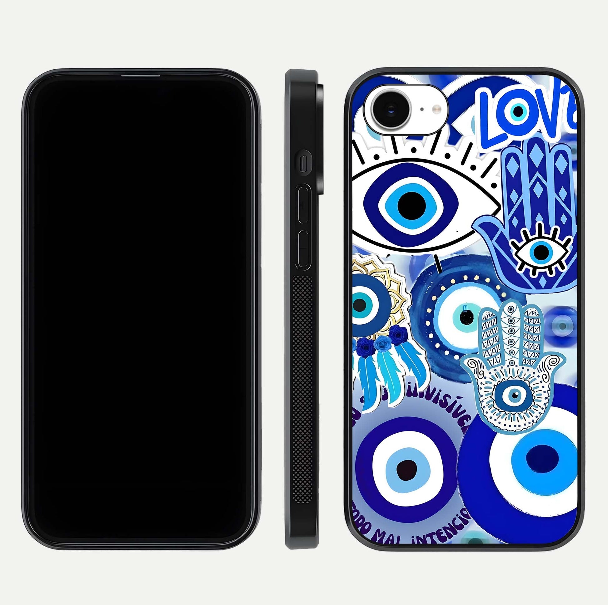 Evil Eyes Dream Glass Case for iPhone 16e dual-view layout displaying spiritual motif and polished curved edge