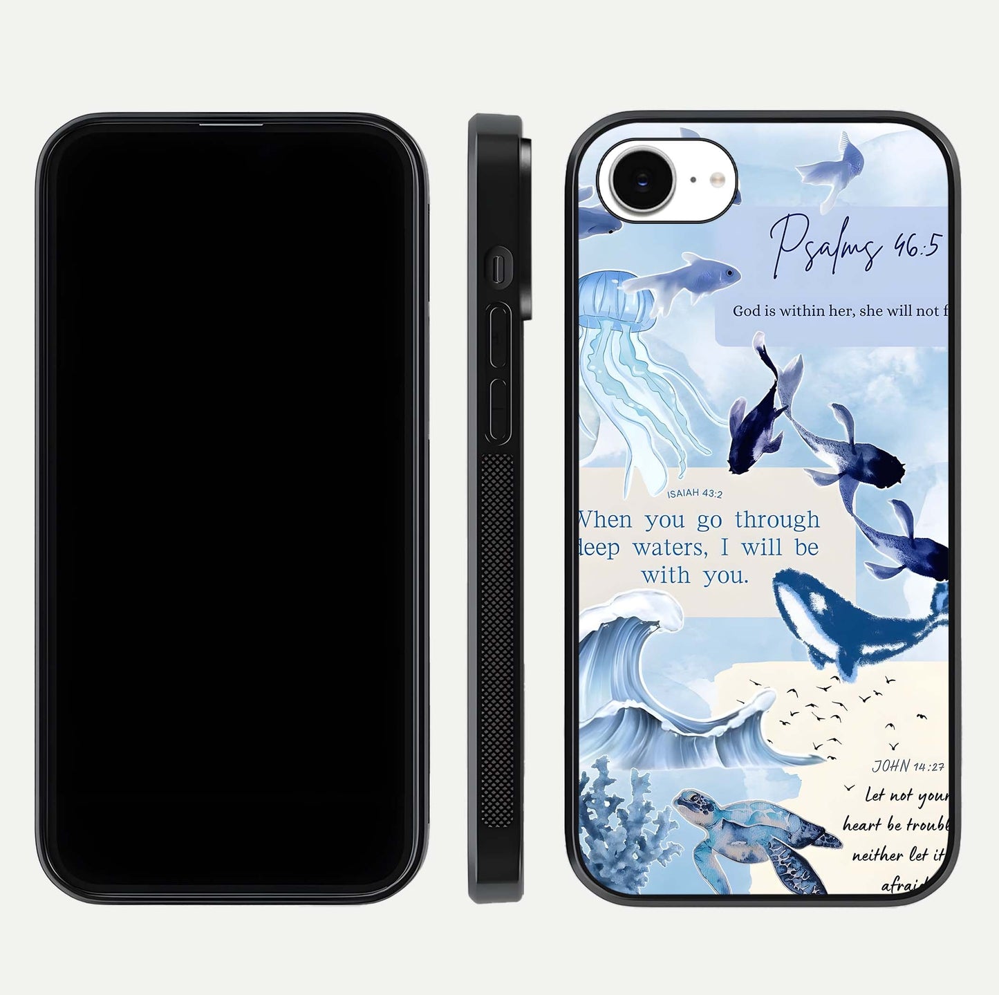 Faithful Ocean Promise Glass Case for iPhone 16e dual-view layout showing sea horizon art and curved polish