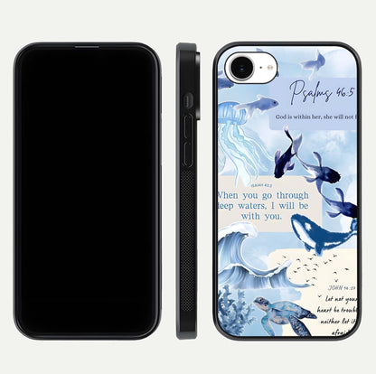 Faithful Ocean Promise Glass Case for iPhone 16e dual-view layout showing sea horizon art and curved polish