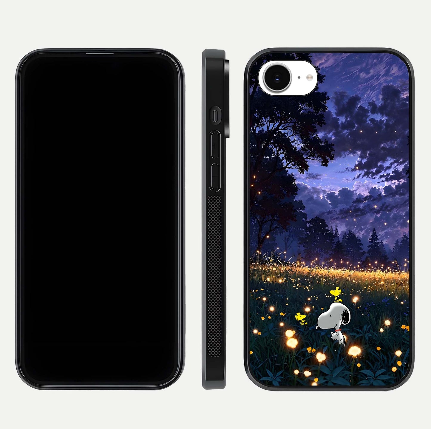 Firefly Meadow Magic Glass Case for iPhone 16e dual-view layout displaying enchanting tones and curved edges
