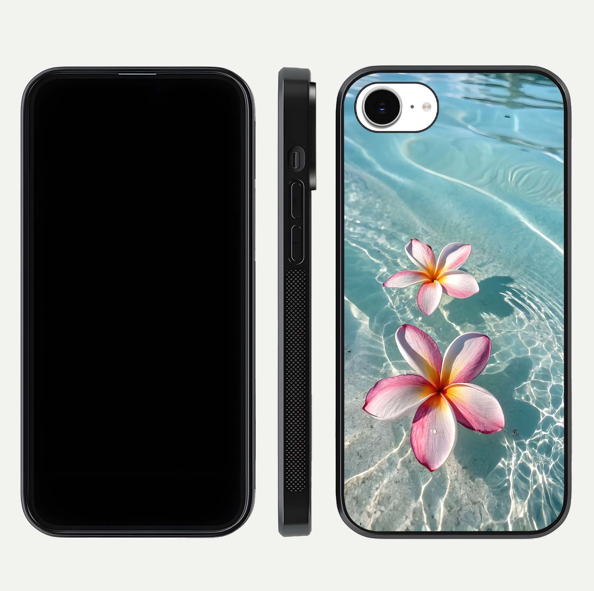Floating Bloom Bliss Glass Case for iPhone 16e dual-view layout displaying soft pastel flowers and curved glass