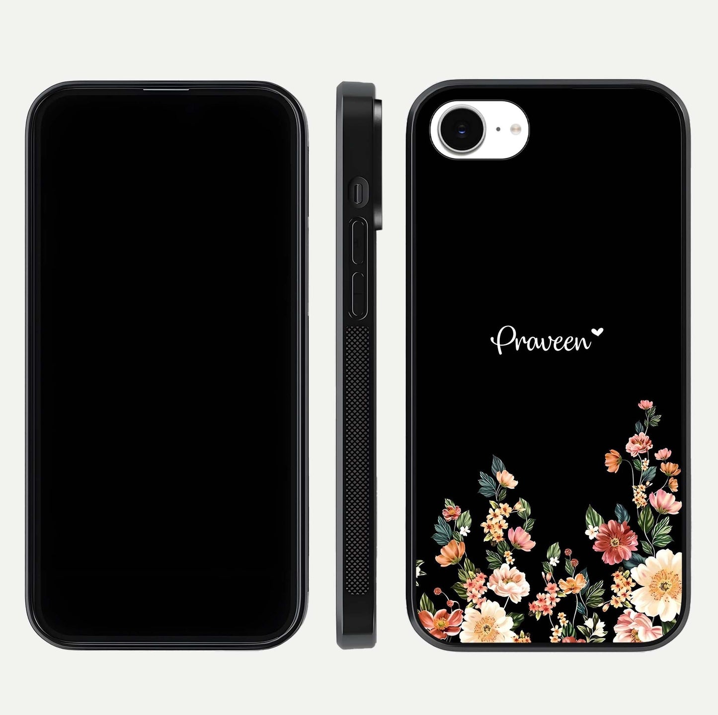 Floral Design Personalized Custom Name Glass Case for iPhone 16e dual-view layout displaying artistic tones and curved finish