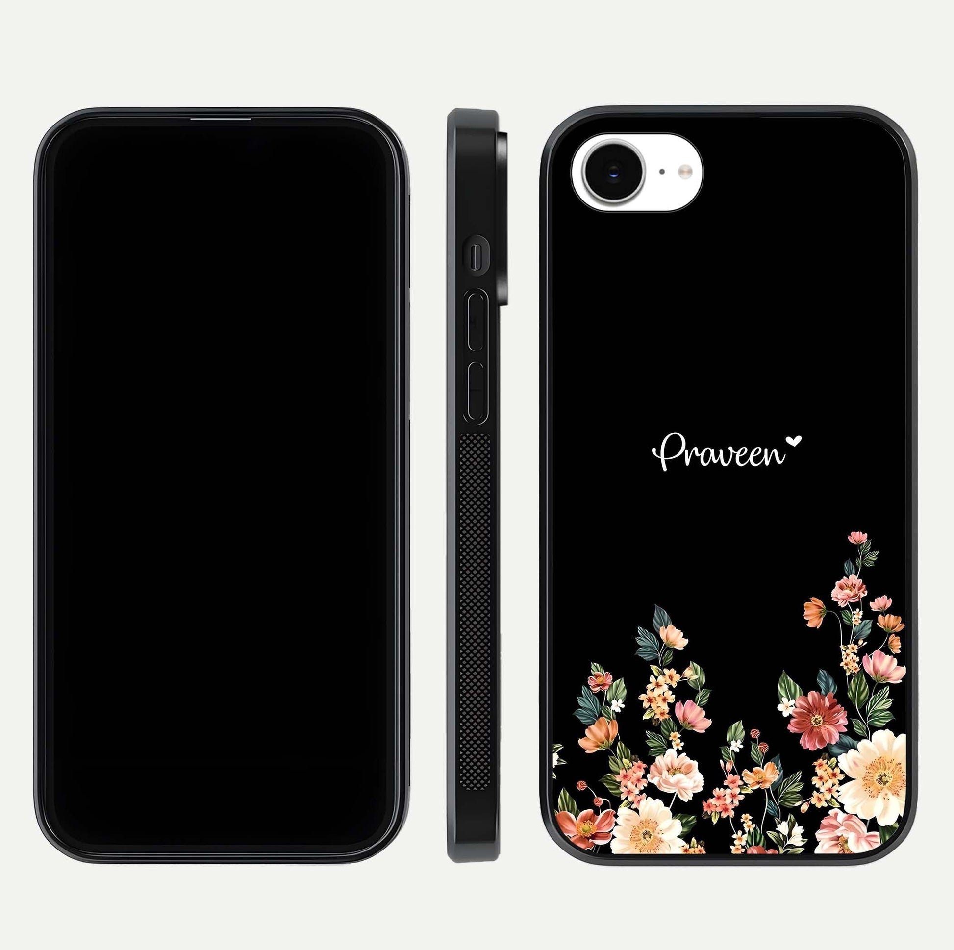 Floral Design Personalized Custom Name Glass Case for iPhone 16e dual-view layout displaying artistic tones and curved finish