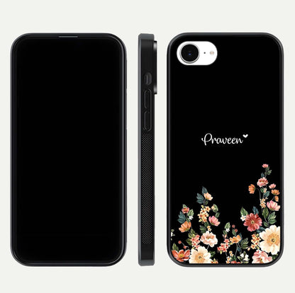 Floral Design Personalized Custom Name Glass Case for iPhone 16e dual-view layout displaying artistic tones and curved finish