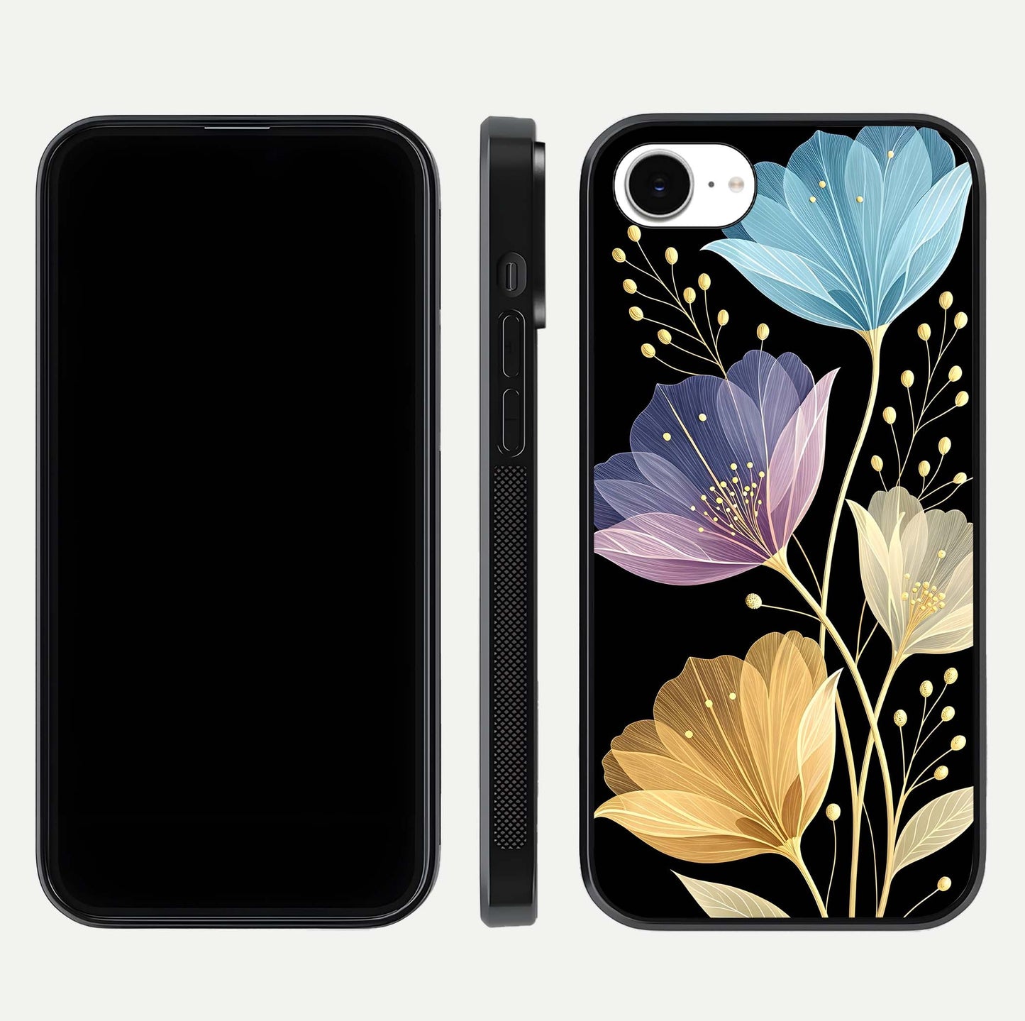 Flower Bloom Glow Glass Case for iPhone 16e dual-view layout displaying petal tones and curved glass edge