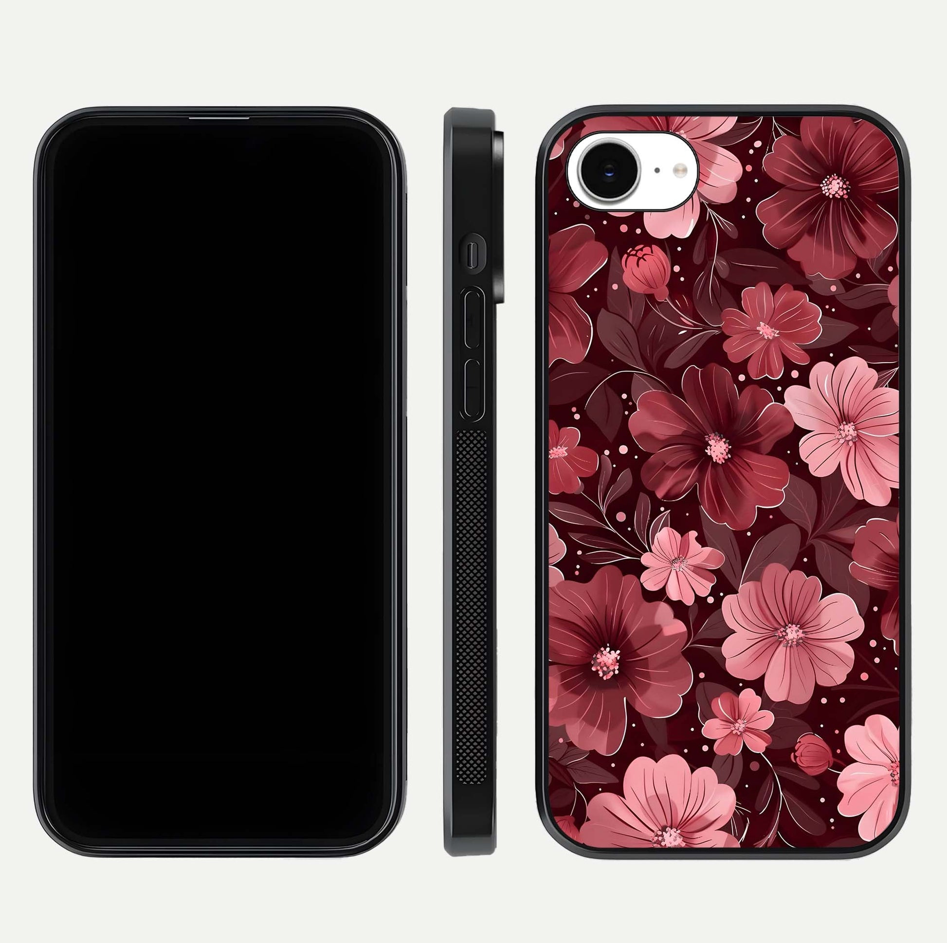 Flower Blush Bloom Glass Case for iPhone 16e dual-view layout displaying HD print and smooth curves