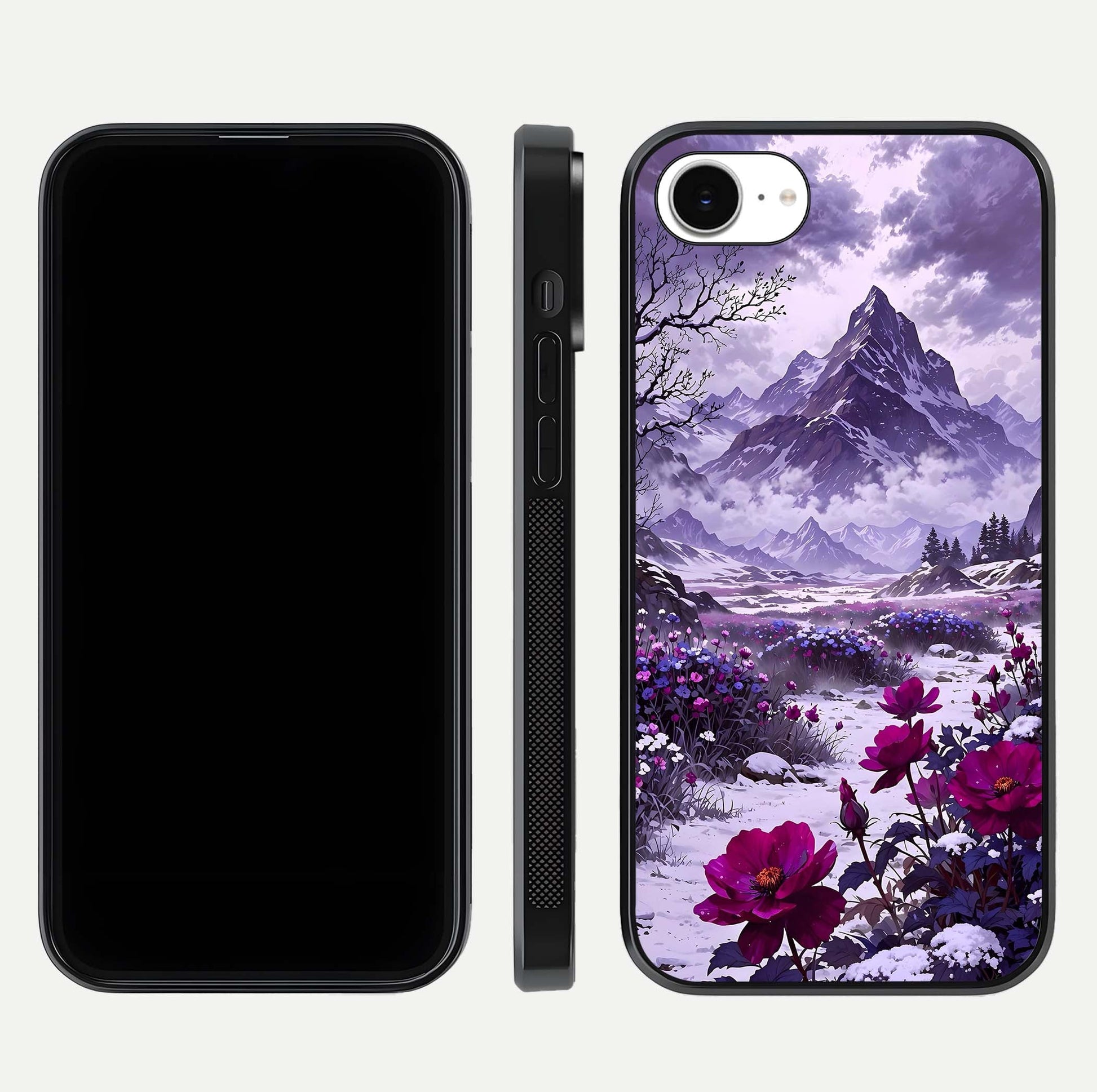 Flower Mountain View Glass Case for iPhone 16e dual-view layout displaying scenic tones and curved glass finish