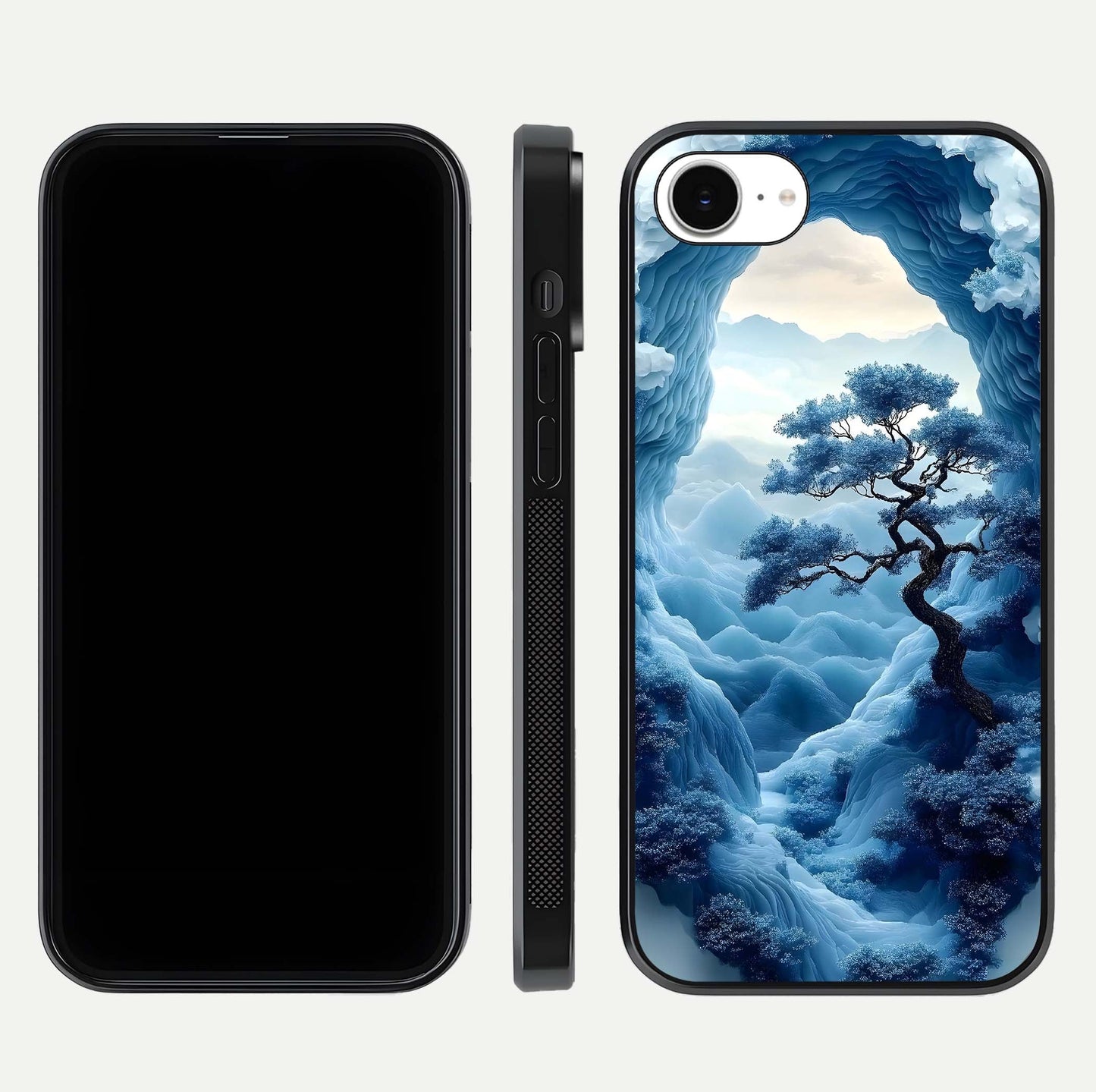 Frozen Serenity Gate Glass Case for iPhone 16e dual-view layout displaying winter theme and smooth curves