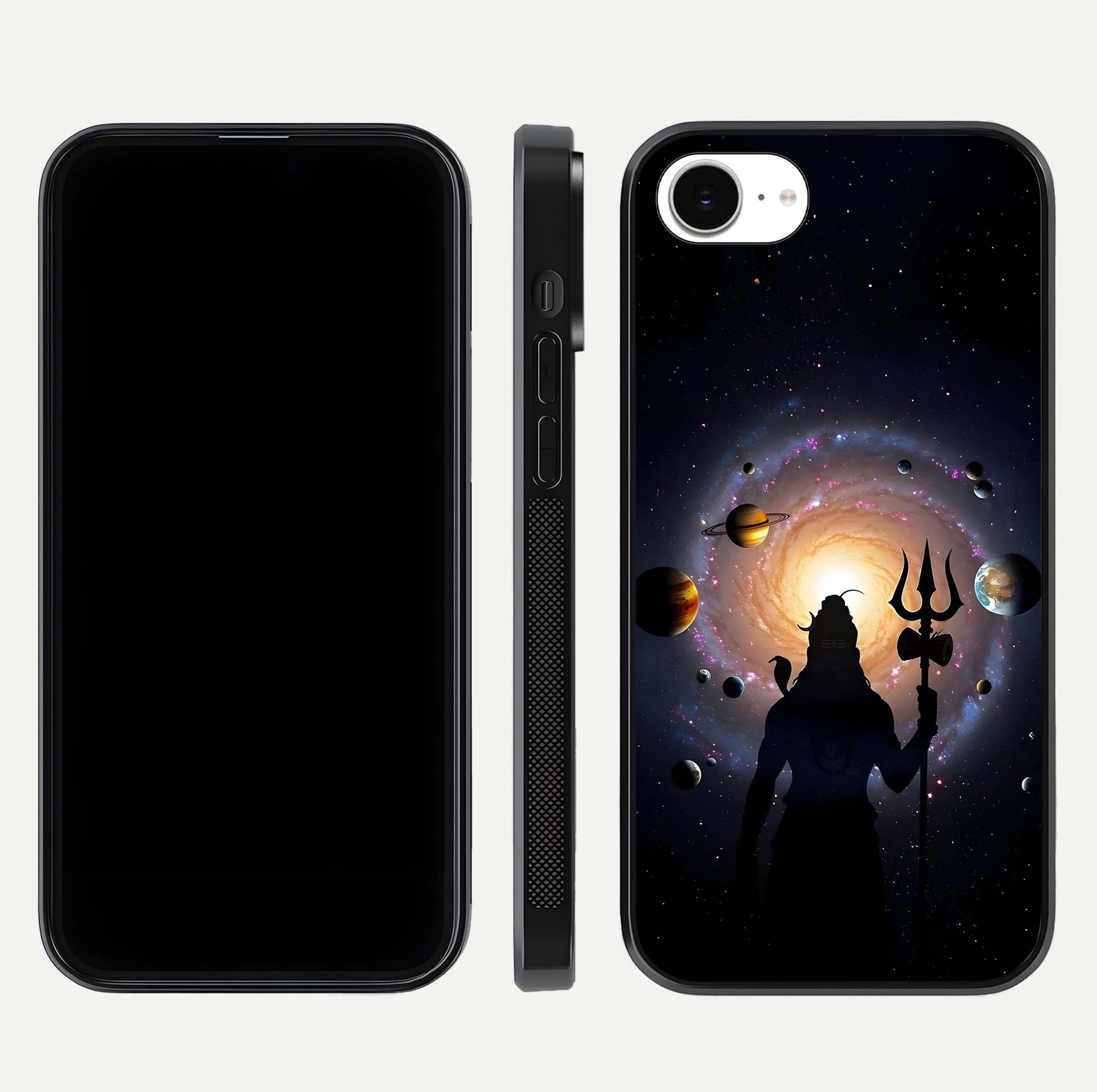 Galactic Shiva Vision Glass Case for iPhone 16e front and back view layout showing celestial background and polished curved glass
