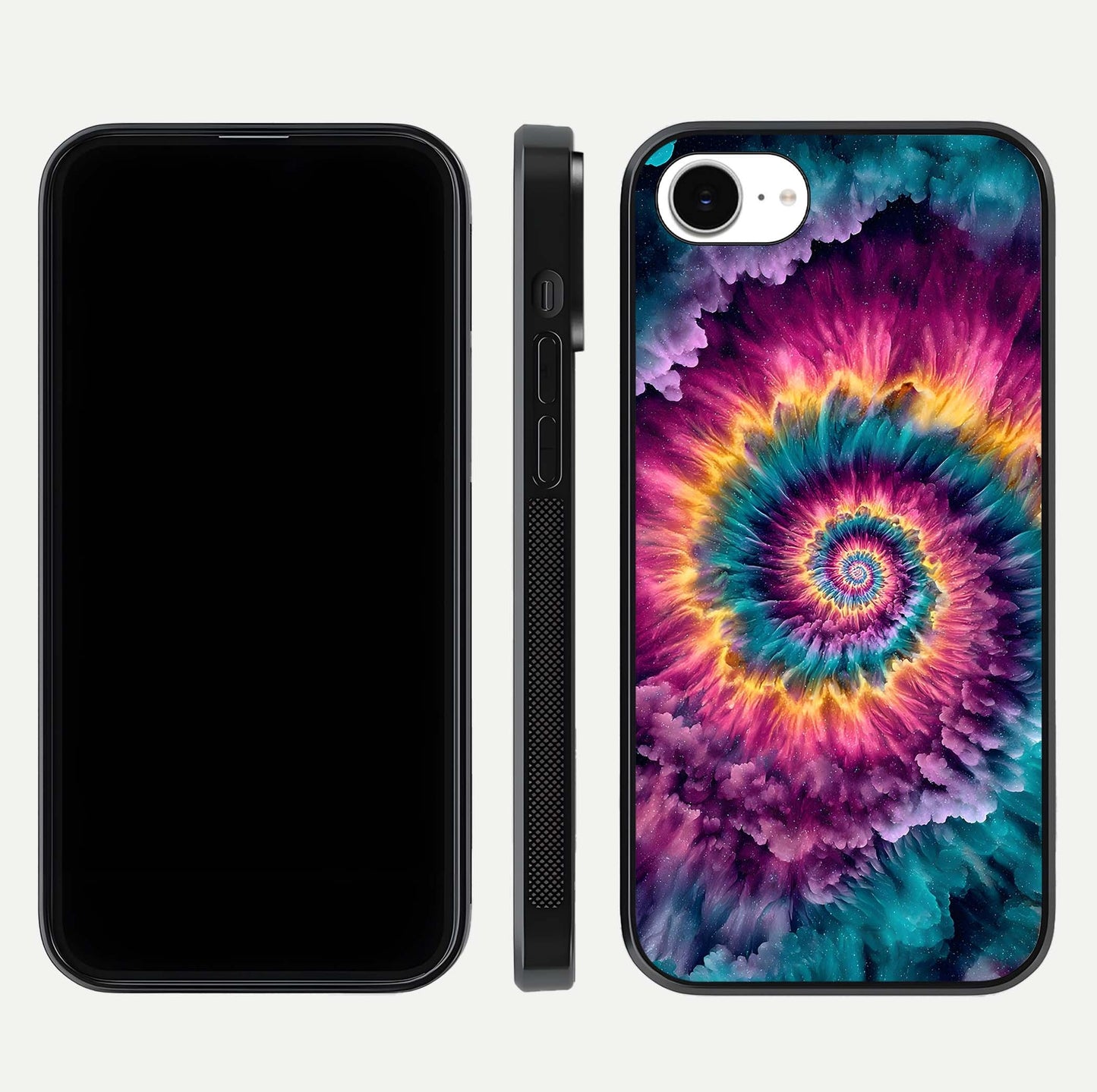 Galactic Spiral Burst Glass Case for iPhone 16e front and back view layout highlighting cosmic swirl and curved edges