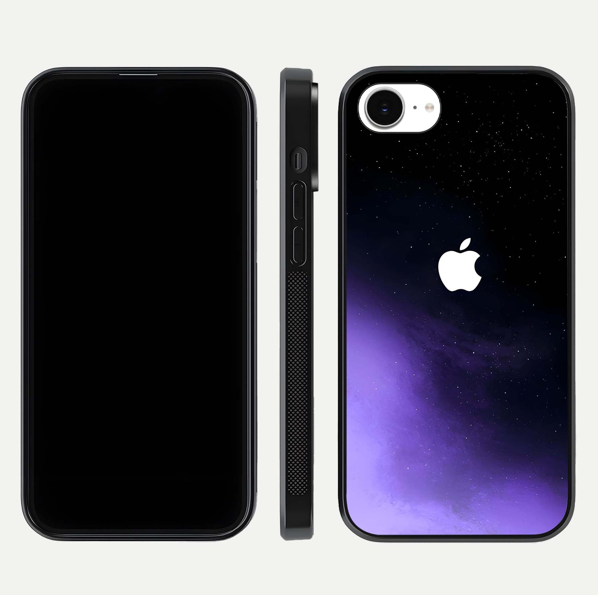 Galaxy Apple Aura Glass Case for iPhone 16e front and back view layout displaying cosmic tones and premium curved glass edges