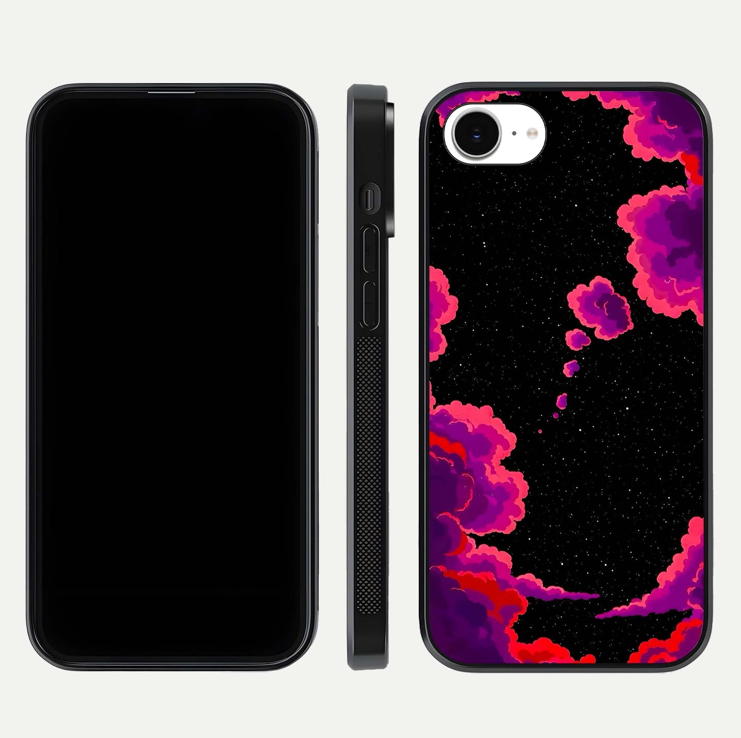 Galaxy Dream Frame Glass Case for iPhone 16e front and back view layout highlighting cosmic design and smooth glass curvature