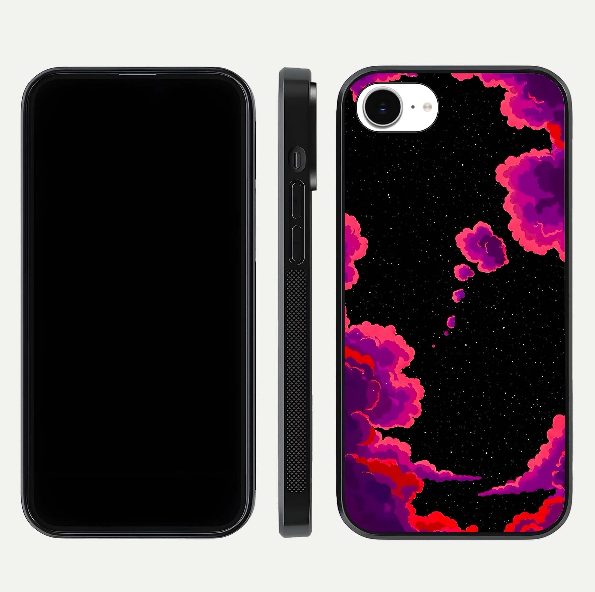 Galaxy Dream Frame Glass Case for iPhone 16e front and back view layout highlighting cosmic design and smooth glass curvature