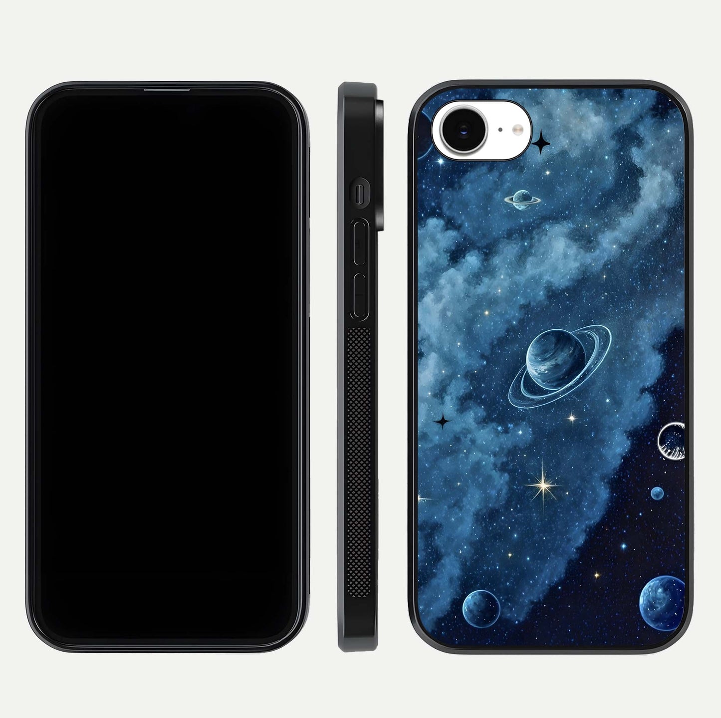 Galaxy Dream Space Glass Case for iPhone 16e front and back view layout showing deep-space tones and curved edges