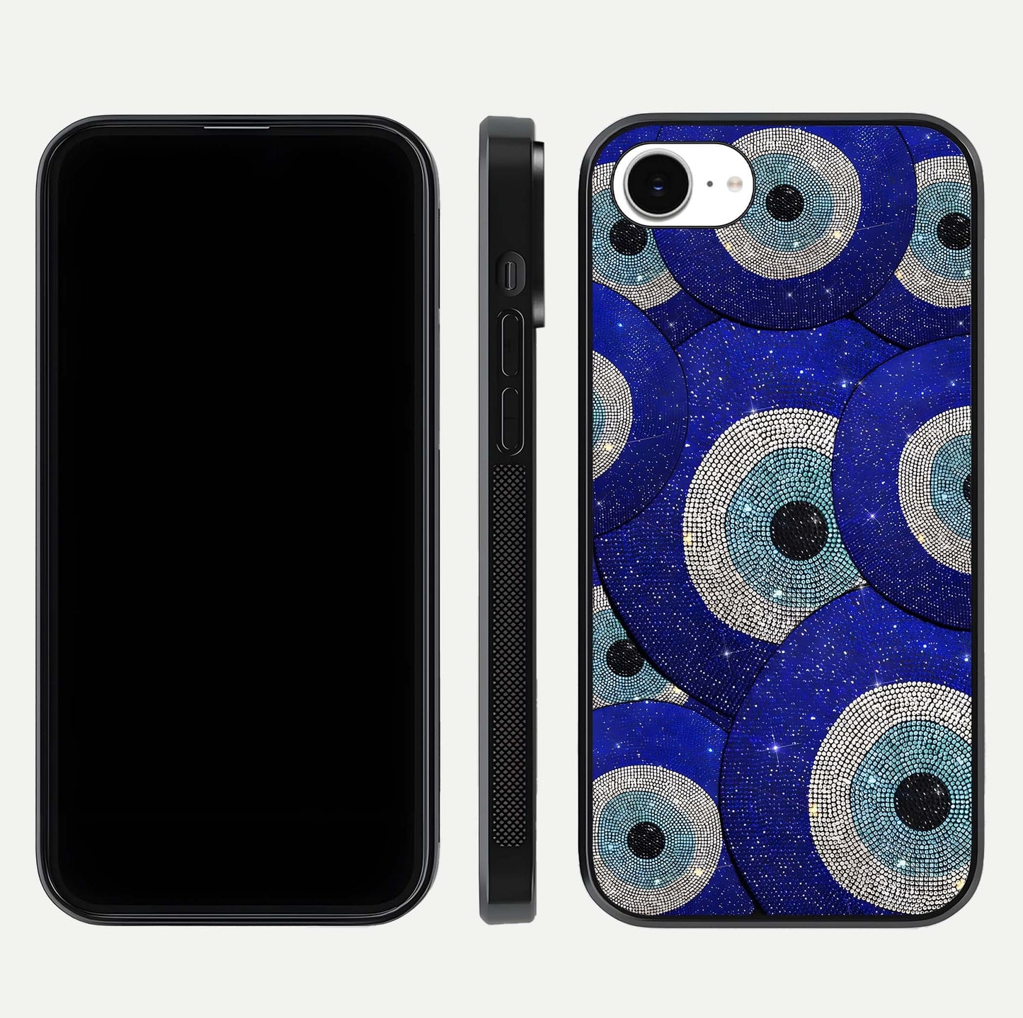 Galaxy Eye Flow Glass Case for iPhone 16e front and back view layout displaying cosmic art and curved glass borders