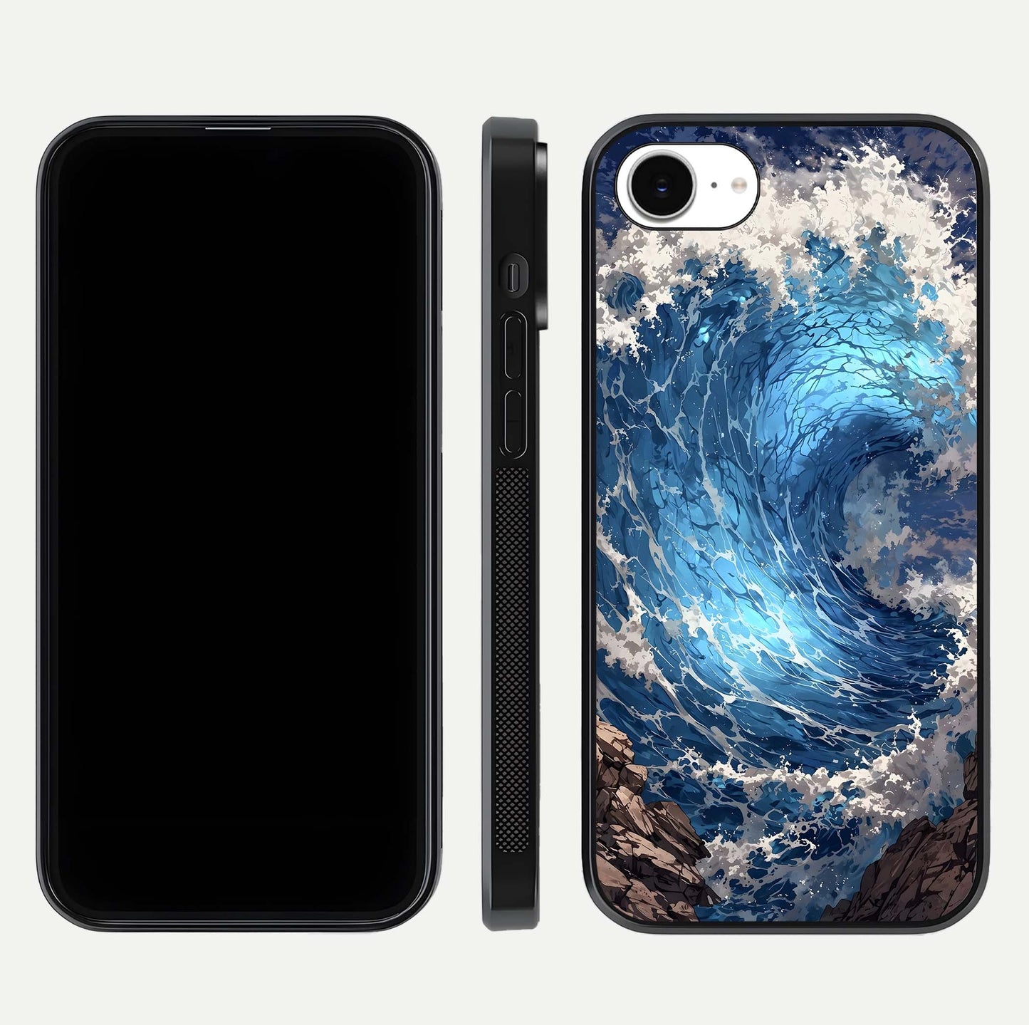 Giant Ocean Wave Glass Case for iPhone 16e front and back view layout displaying sea tones and smooth curved edges
