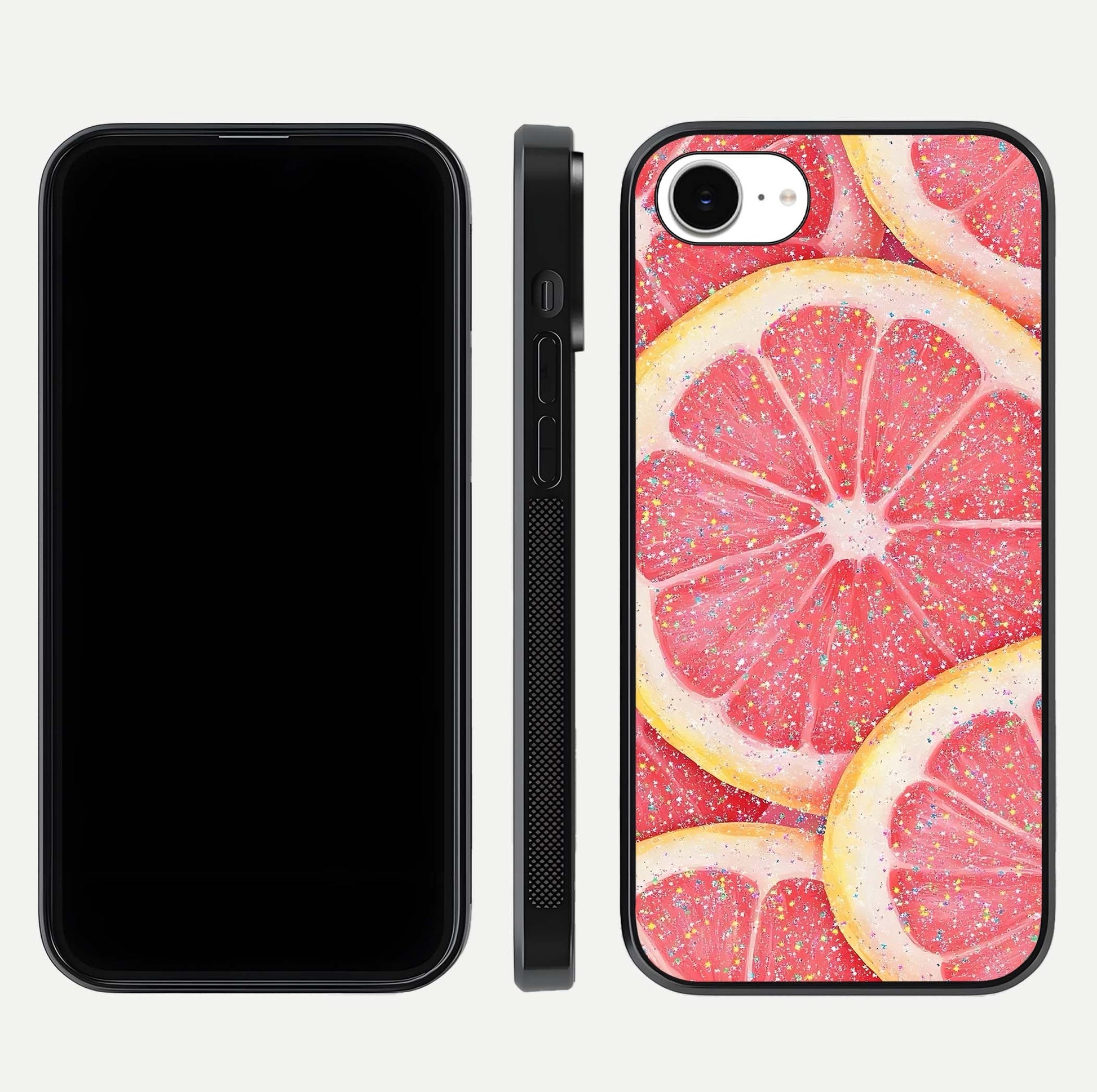 Glitter Grapefruit Glass Case for iPhone 16e front and back view layout highlighting citrus hues and smooth glass