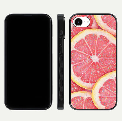 Glitter Grapefruit Glass Case for iPhone 16e front and back view layout highlighting citrus hues and smooth glass