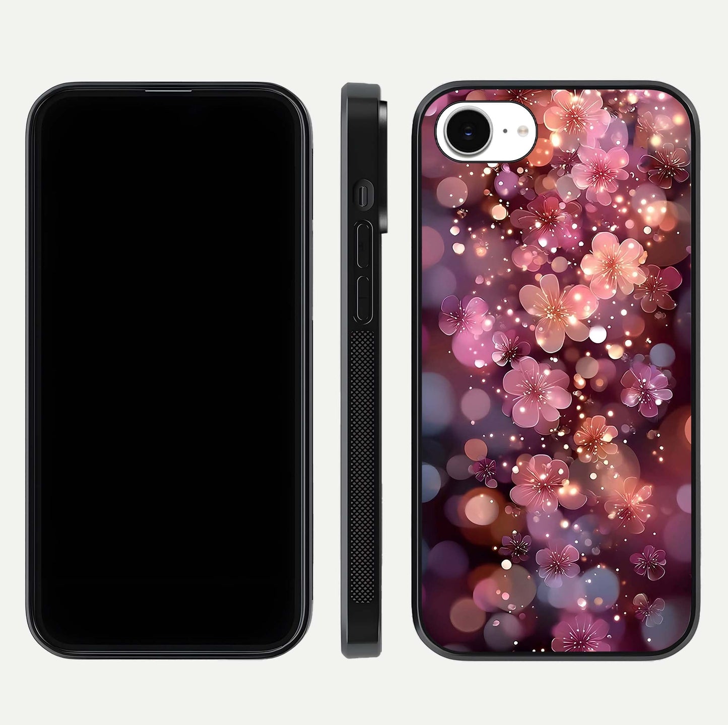 Glowing Petal Bliss Glass Case for iPhone 16e front and back view layout displaying artistic floral design and curved glass
