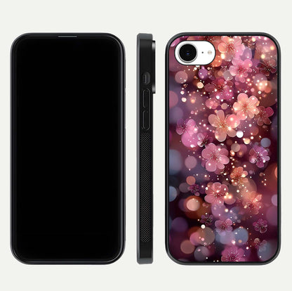 Glowing Petal Bliss Glass Case for iPhone 16e front and back view layout displaying artistic floral design and curved glass
