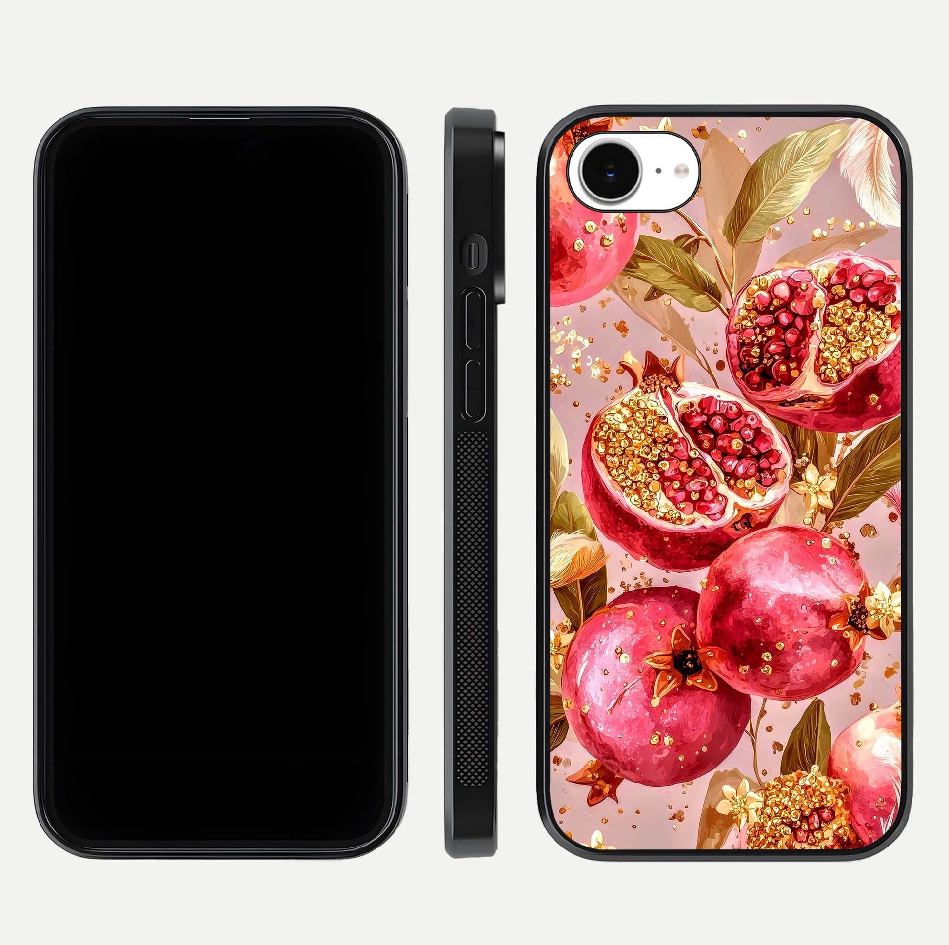 Golden Bloom Glow Glass Case for iPhone 16e front and back view layout highlighting luxury floral pattern and curved edges