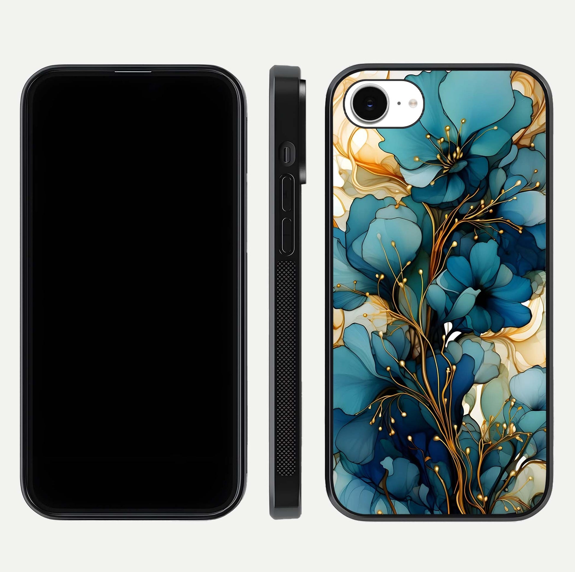 Golden Bloom Symphony Glass Case for iPhone 16e front and back view layout highlighting rich floral tones and curved glass edges