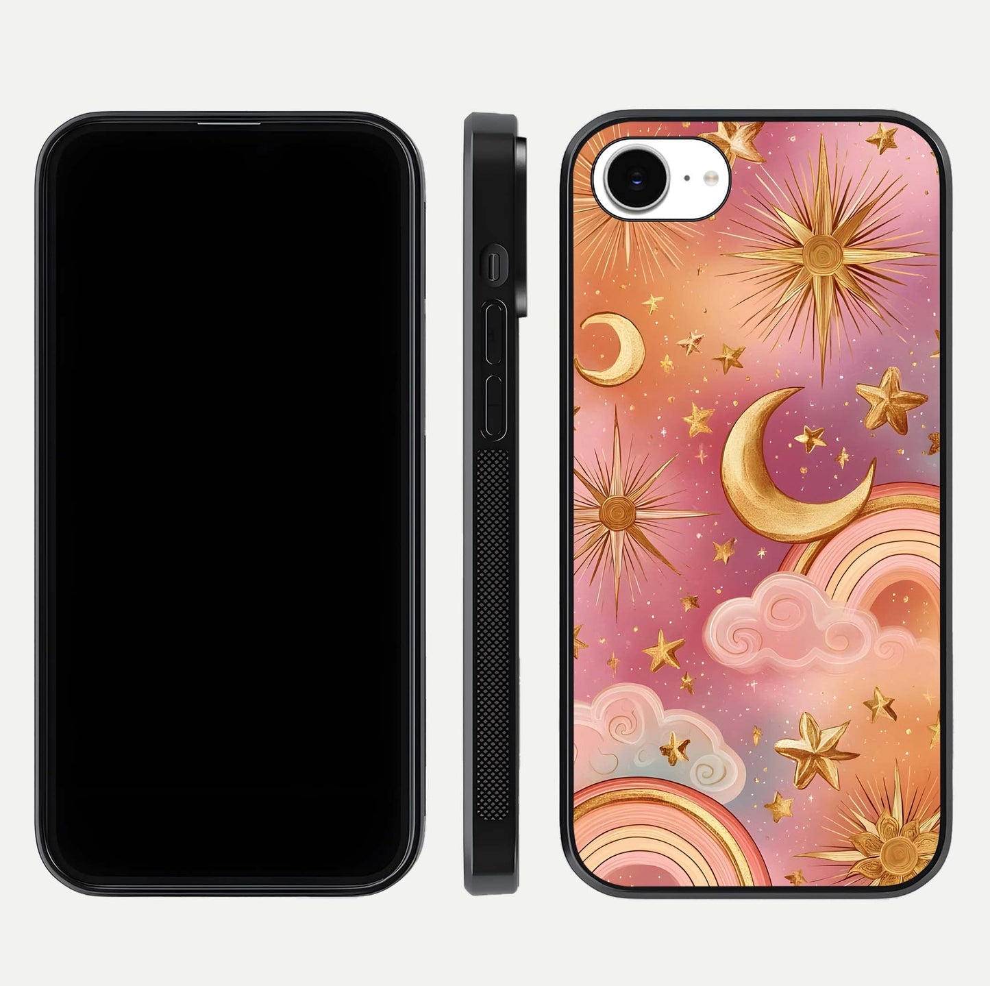 Golden Celestial Dreams Glass Case for iPhone 16e front and back view layout highlighting celestial motifs and smooth curved edge