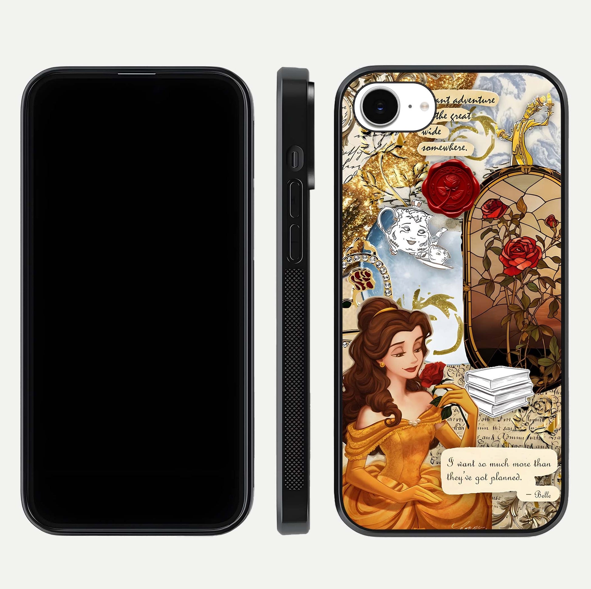 Golden Dream Belle Glass Case for iPhone 16e front and back view layout displaying dreamy golden theme and smooth curvature