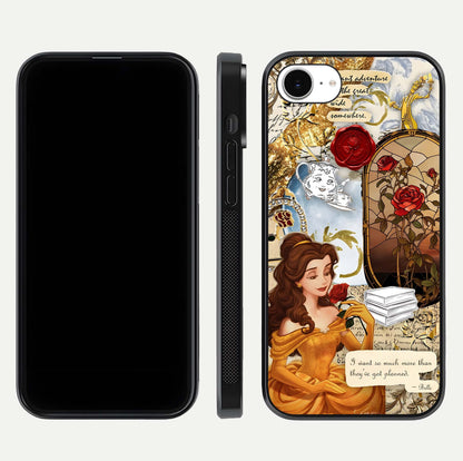 Golden Dream Belle Glass Case for iPhone 16e front and back view layout displaying dreamy golden theme and smooth curvature
