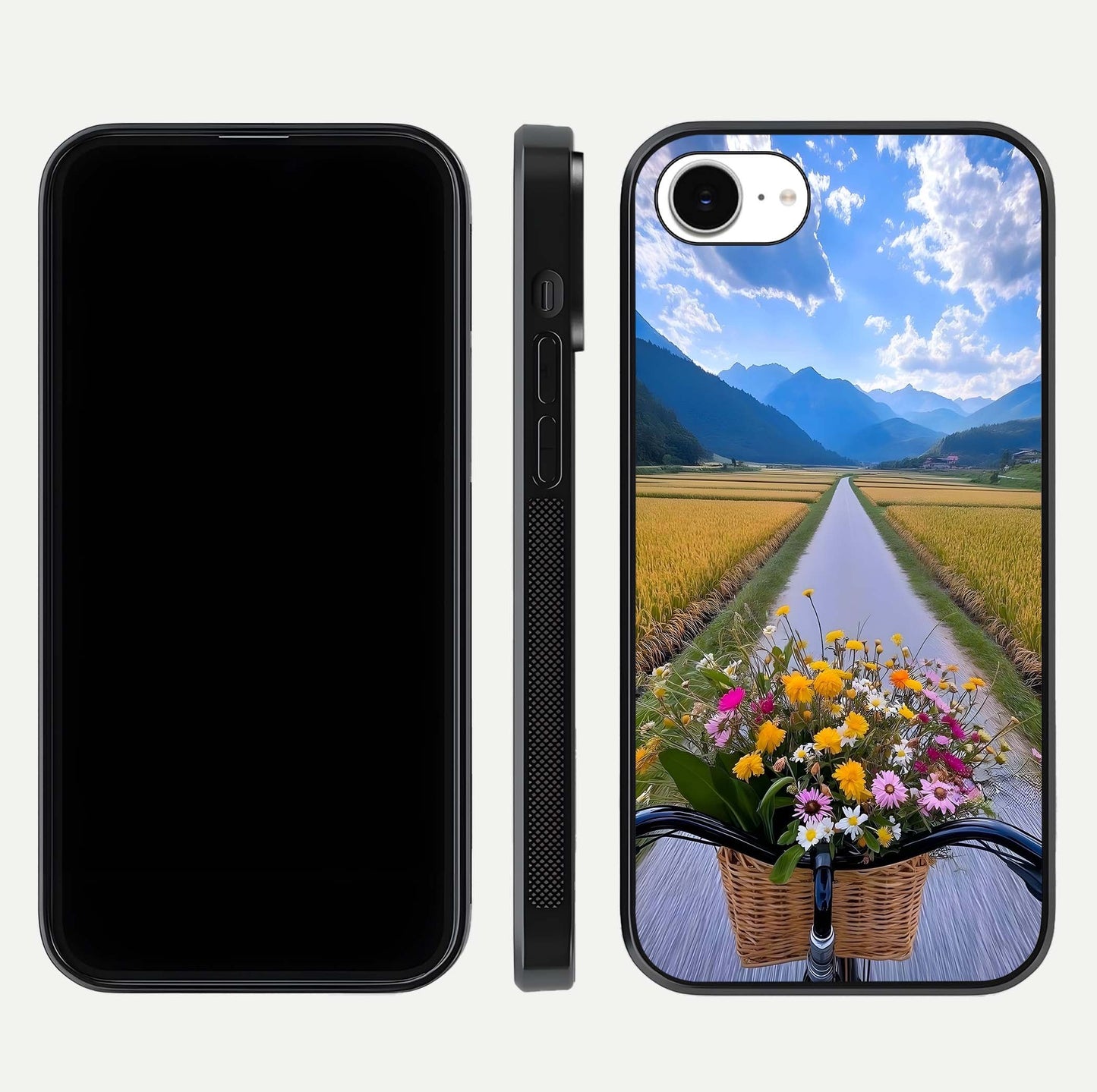 Golden Field Journey Glass Case for iPhone 16e front and back view layout highlighting natural gradient and smooth glass finish