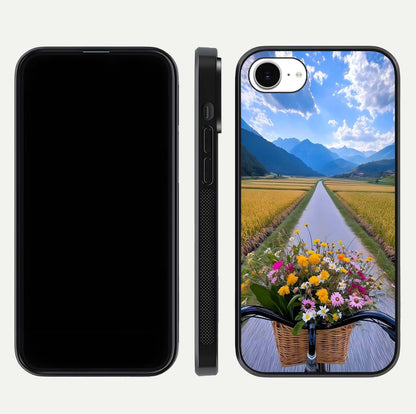 Golden Field Journey Glass Case for iPhone 16e front and back view layout highlighting natural gradient and smooth glass finish