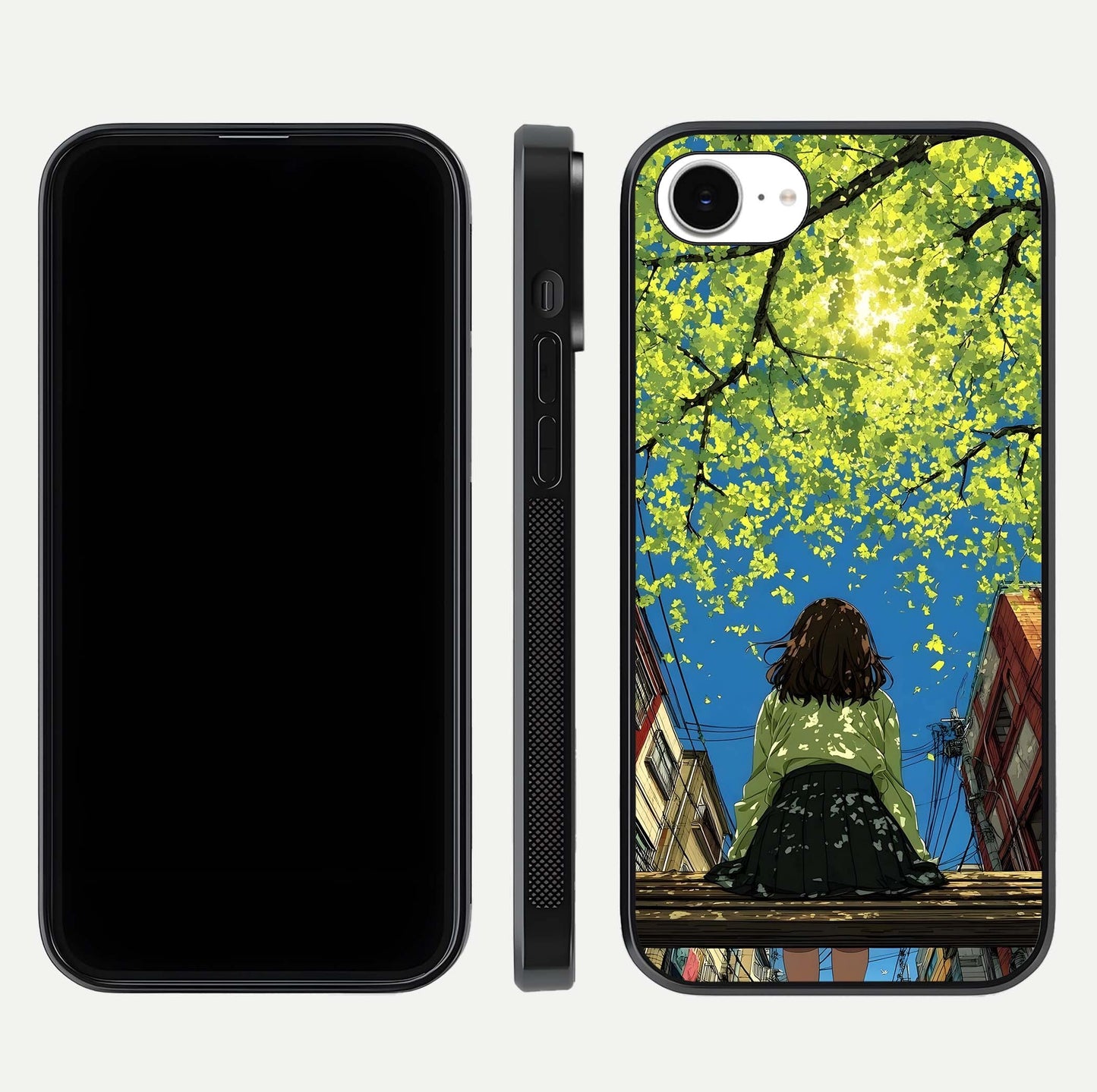 Golden Leaves Glow Glass Case for iPhone 16e front and back view layout highlighting glowing tones and curved edges
